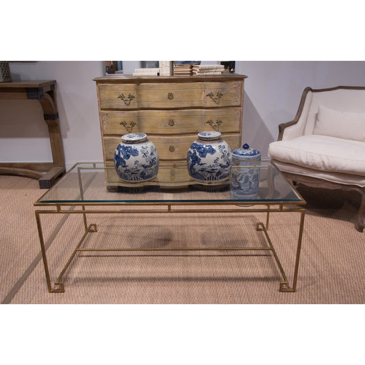 Parallel Lines Coffee Table by Sarreid Ltd. in gold and antique gold finish. Made from glass, iron in a transitional style.