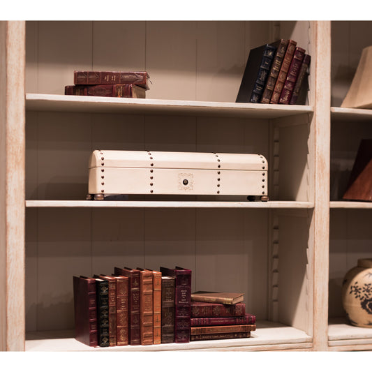 Leather Telescope Box by Sarreid Ltd. in ivory and printed paper inside. Made from wood, leather, brass in a traditional style.