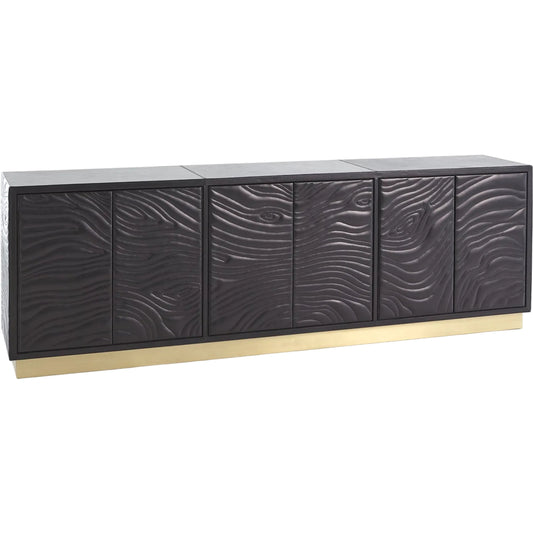 Forest Long Cabinet by Global Views in satin antique gold. Made from mdf, brass, hand stained leather, polyester suede in a modern style.