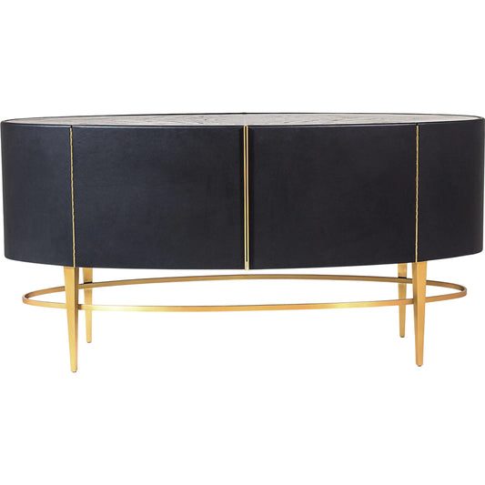 Ellipse Sideboard by Global Views in black lacquer 30 sheen, brushed brass, oak. Made from mdf, leather, brass in a modern style.