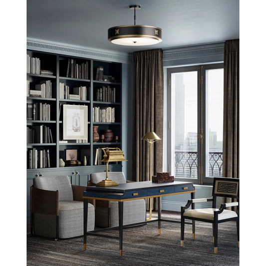 Huntsman Semi-Flush Mount by Currey and Company in satin black, antique brass, white. Made from brass, glass in a modern style.