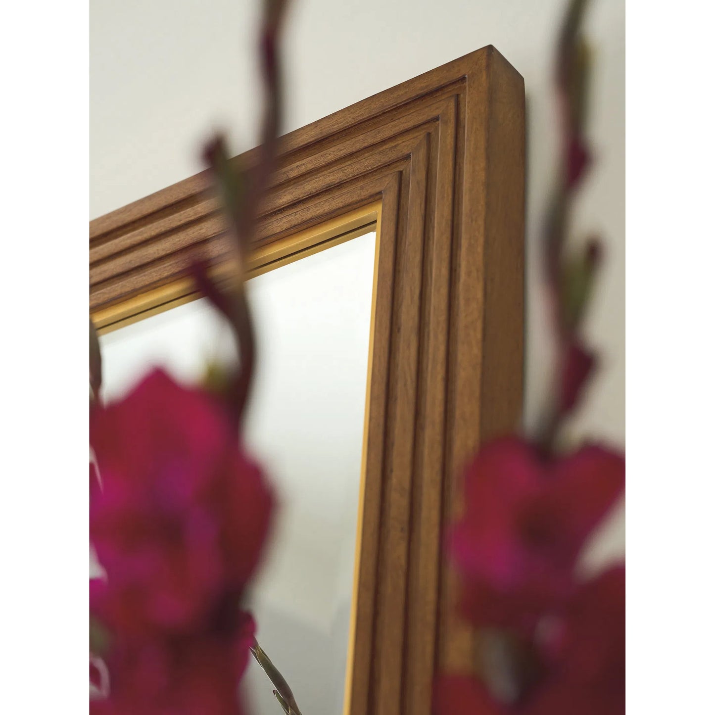002 SI-2371244 | Closeup | Cassia Rectangular Mirror by Lexington in satin gold. Made from metal, mirror in a traditional style.