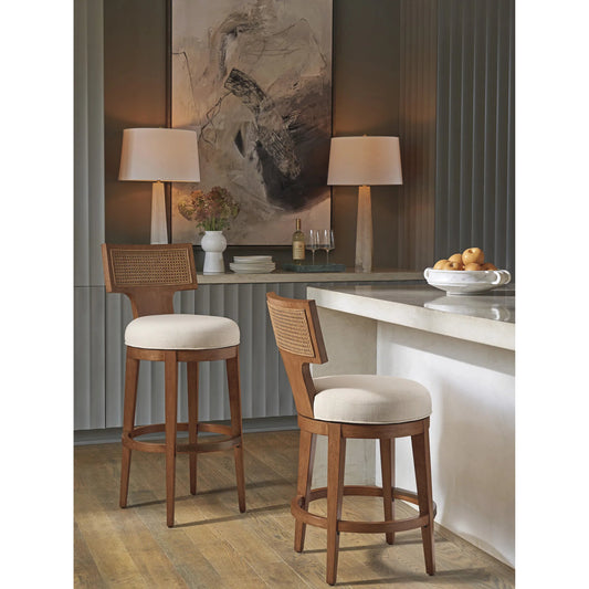Calavera Woven Swivel Bar Stool by Lexington in sailview and marisol. Made from rattan, linen in a transitional style.
