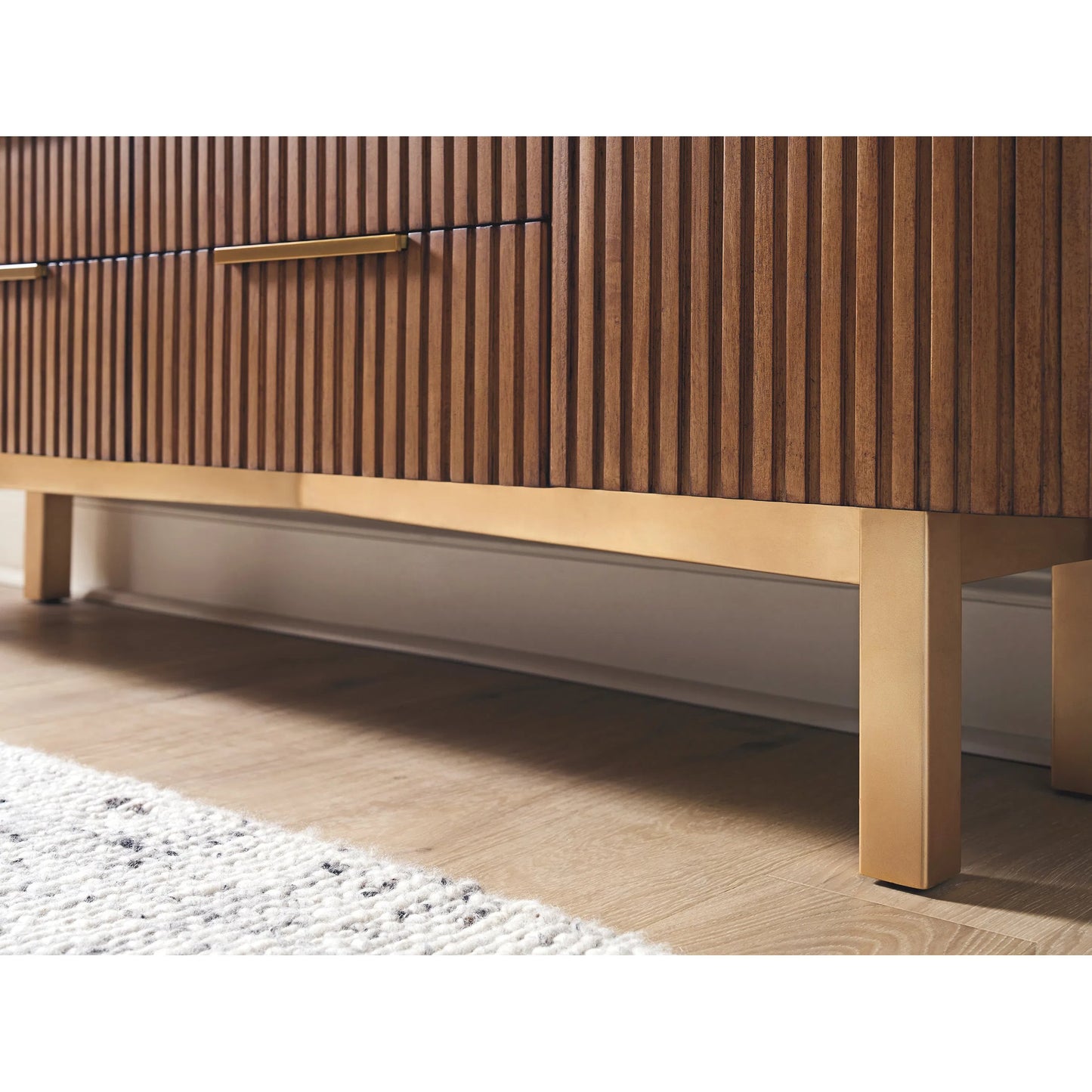005 SI-2371261 | Closeup | Crescent Bay Media Console by Lexington in satin gold. Made from wood, metal in a transitional style.
