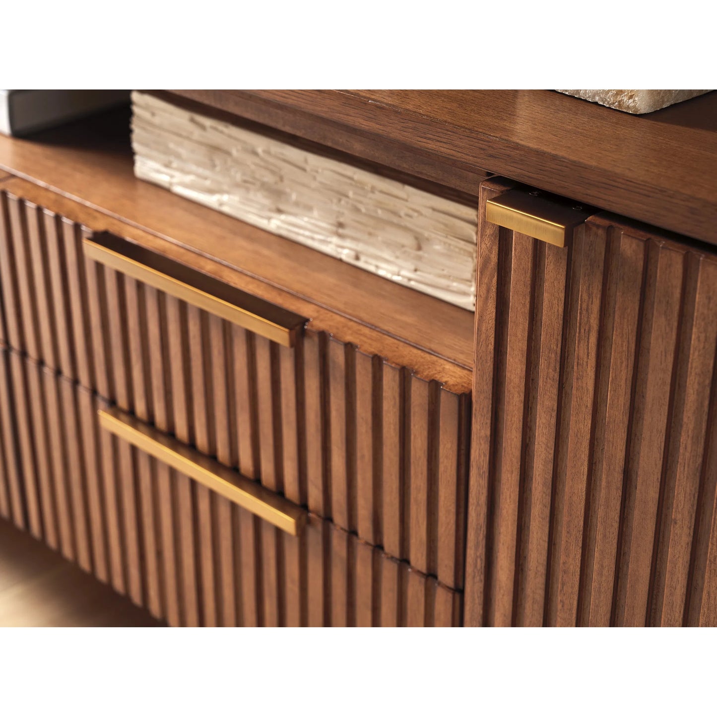 004 SI-2371261 | Closeup | Crescent Bay Media Console by Lexington in satin gold. Made from wood, metal in a transitional style.