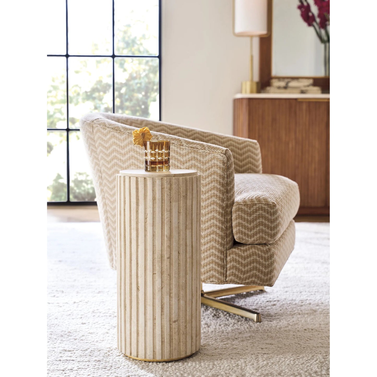 007 SI-2371264 | Lifestyle | Culver Chairside Table by Lexington. Made from limestone in a transitional style.