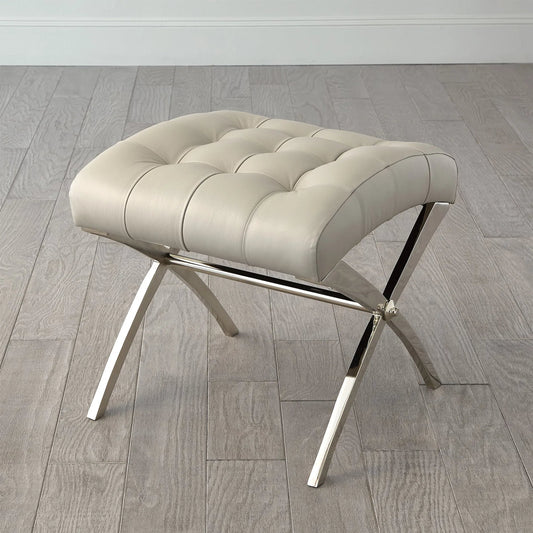 Scarlet Stool by Global Views in nickel with gray leather. Made from aluminum, leather in a transitional style.