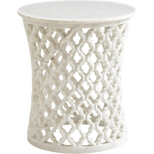 Arabesque Side Table by Global Views. Made from hand carved honed white marble in a transitional style.
