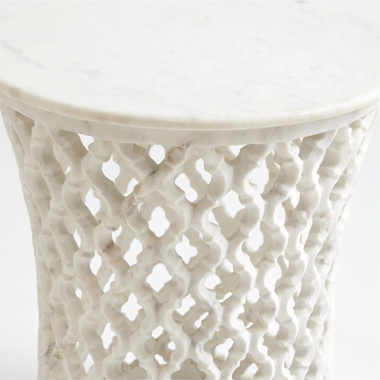 002 SR-700732 | Closeup | Arabesque Side Table by Global Views. Made from hand carved honed white marble in a transitional style.