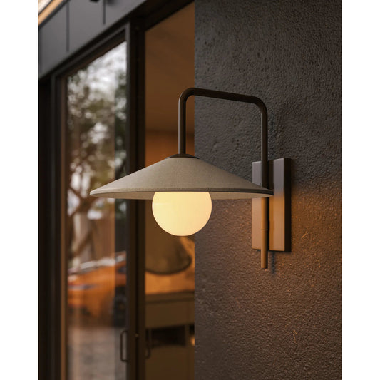 Bothy Outdoor Wall Sconce by Currey and Company in natural, black, frosted white. Made from concrete, metal, glass in a modern style.