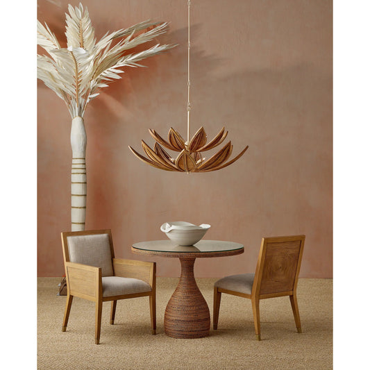 Cubana Two-Tier Chandelier by Currey and Company in natural, coco cream. Made from rattan, wrought iron in a rustic style.