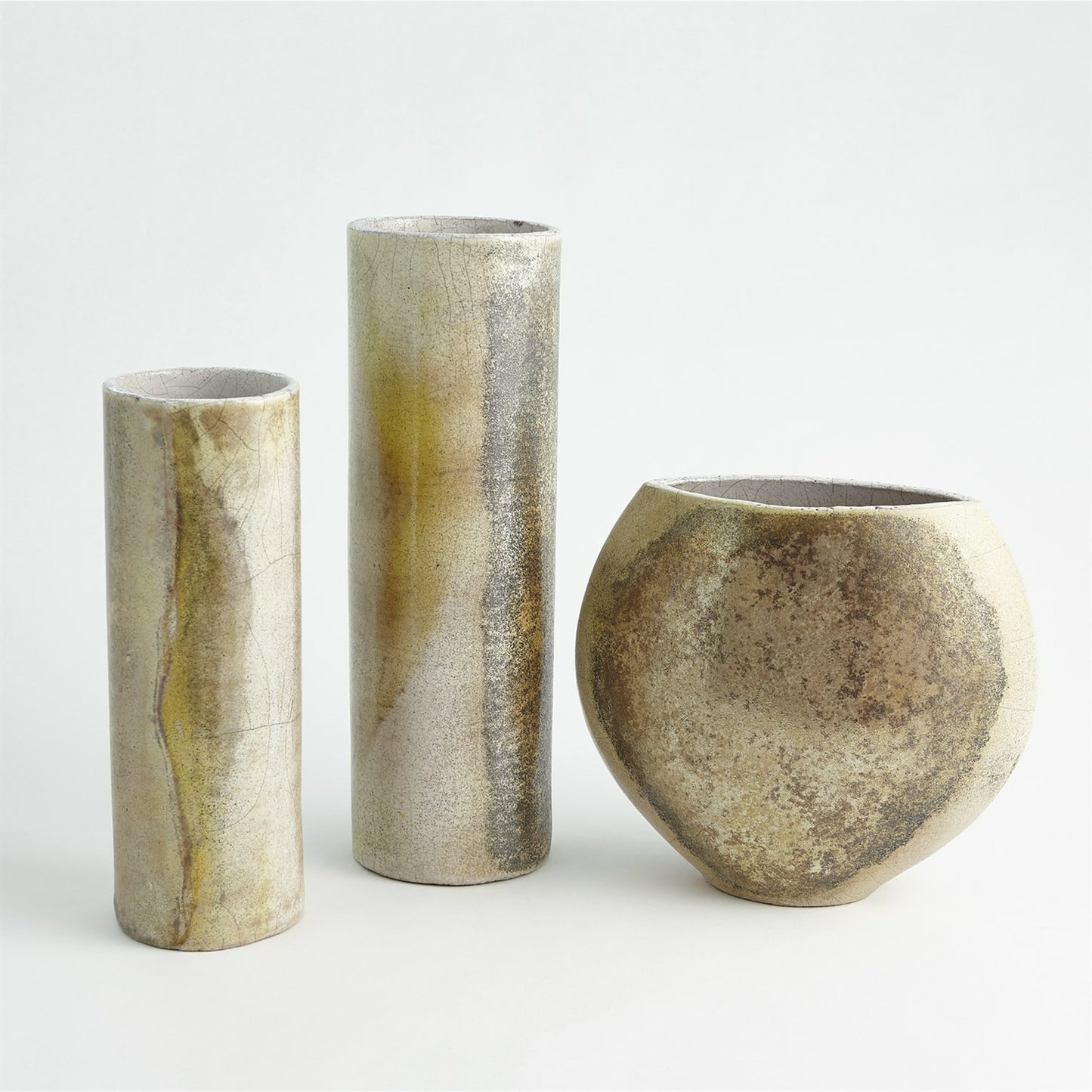 002 SR-892092 | Additional Silo | Golden Raku Flat Round Vase by Global Views. Made from ceramic raku in a eclectic & global style.