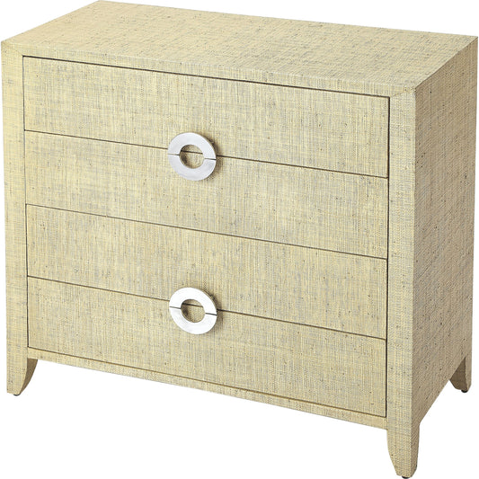 005 S-346135 | Primary Silo | Amelle Raffia Accent Chest by Butler Specialty Company in beige and cream raffia. Made from natural raffia, plywood, mdf, silver finished aluminum hardware in a coastal style.