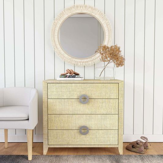 Amelle Raffia Accent Chest by Butler Specialty Company in beige and cream raffia. Made from natural raffia, plywood, mdf, silver finished aluminum hardware in a coastal style.