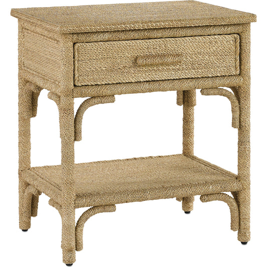 Olisa Nightstand by Currey and Company in natural abaca rope, washed wood. Made from abaca rope, solid wood, engineered wood, rattan in a eclectic & global style.