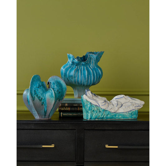 Free-Form Vase by Currey and Company in blue, dark gray. Made from porcelain in a modern style.