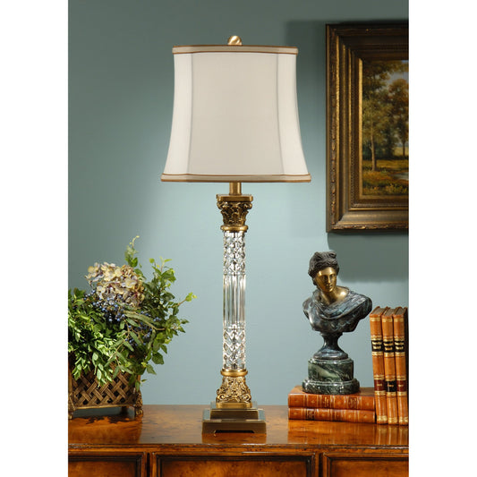 Crystal Column Lamp by Wildwood in clear, antique patina. Made from crystal, glass in a traditional style.