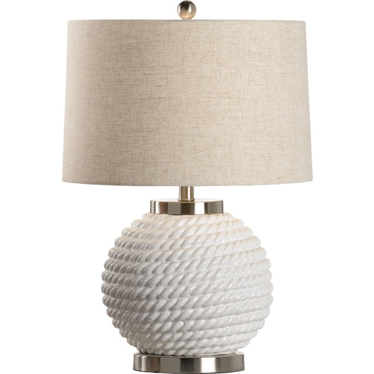 Marina Lamp by Wildwood in ice white glaze, brushed nickel. Made from ceramic, porcelain in a modern style.