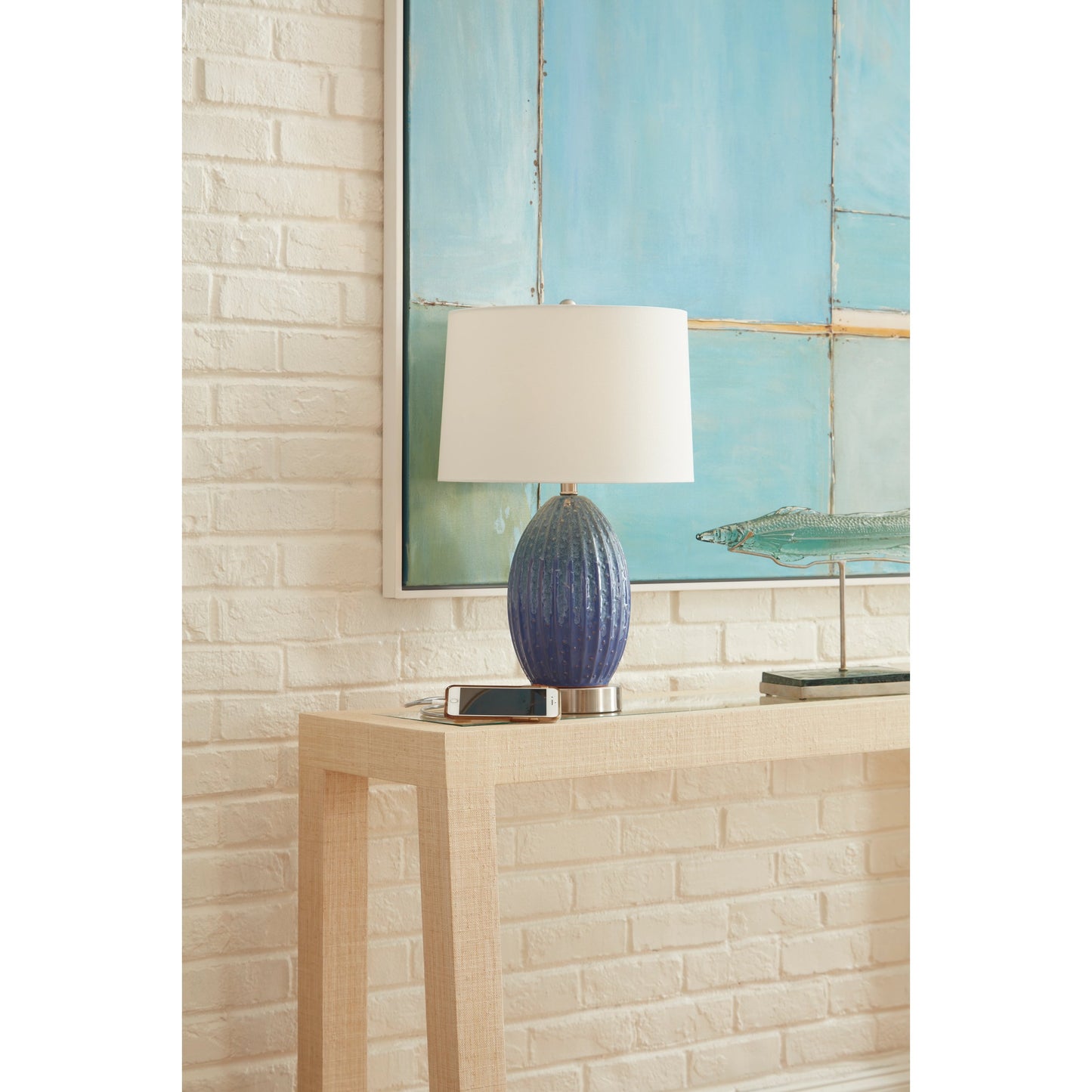 005 SR-385940 | Lifestyle | Maui Lamp by Wildwood in blue, green glaze, brushed nickel. Made from ceramic in a coastal style.