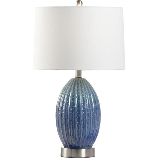 Maui Lamp by Wildwood in blue, green glaze, brushed nickel. Made from ceramic in a coastal style.