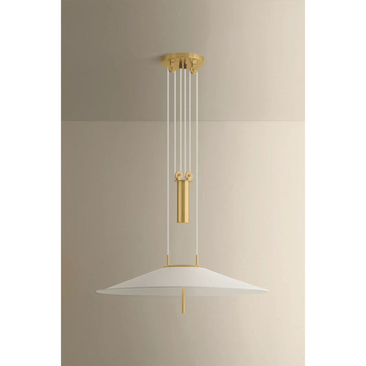 Emmons Pendant by Hudson Valley in aged brass, soft white. Made from aluminum in a unique style.