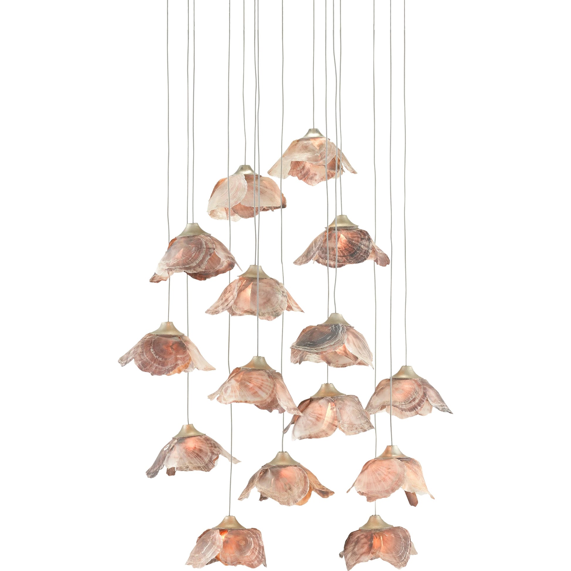 Catrice Pendant by Currey and Company in painted silver, contemporary silver leaf, natural shell. Made from capiz shell, wrought iron in a coastal style.