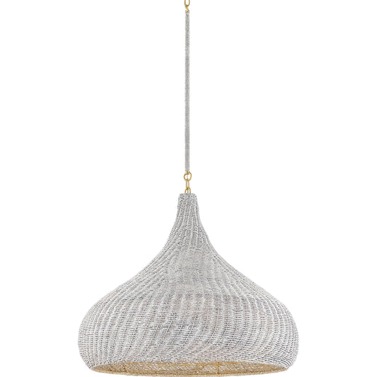 Hampstead Pendant by Hudson Valley in aged brass. Made from natural woven in a rustic style.