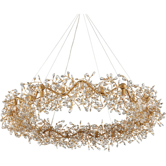 Crystal Bud Ring Chandelier by Currey and Company in clear, brass. Made from crystal, wrought iron in a modern style.
