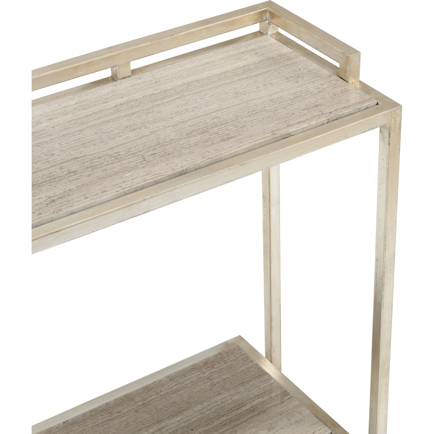 003 SR-384875 | Closeup | Bogart Bar Stand by Wildwood in antique silver leaf, natural gray. Made from stone in a transitional style.