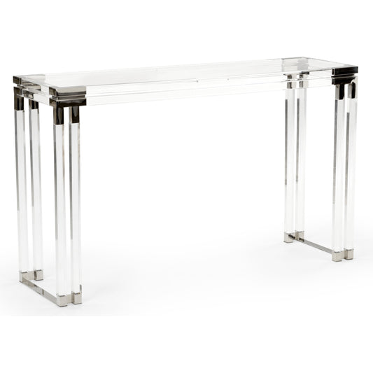 Bowen Console by Wildwood in clear, polished nickel. Made from acrylic, steel in a modern style.