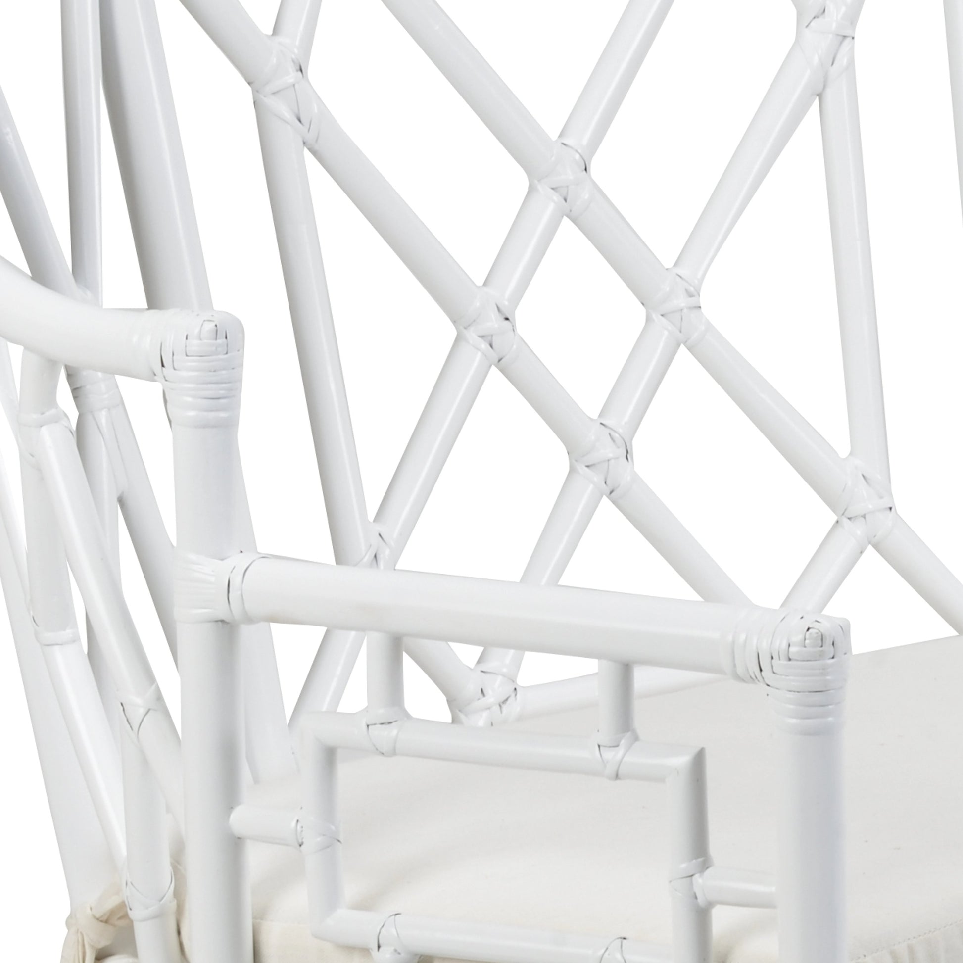 Wild Palm Settee by Wildwood in white, off white. Made from rattan, fabric in a coastal style.