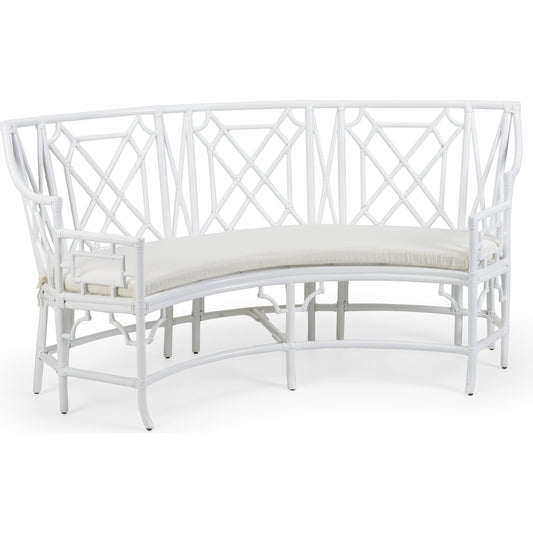 Wild Palm Settee by Wildwood in white, off white. Made from rattan, fabric in a coastal style.