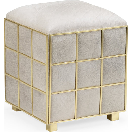 001 SR-837275 | Primary Silo | Square Hide Stool by Wildwood in natural light gray, polished brass. Made from hair on hyde, staineless steel in a transitional style.