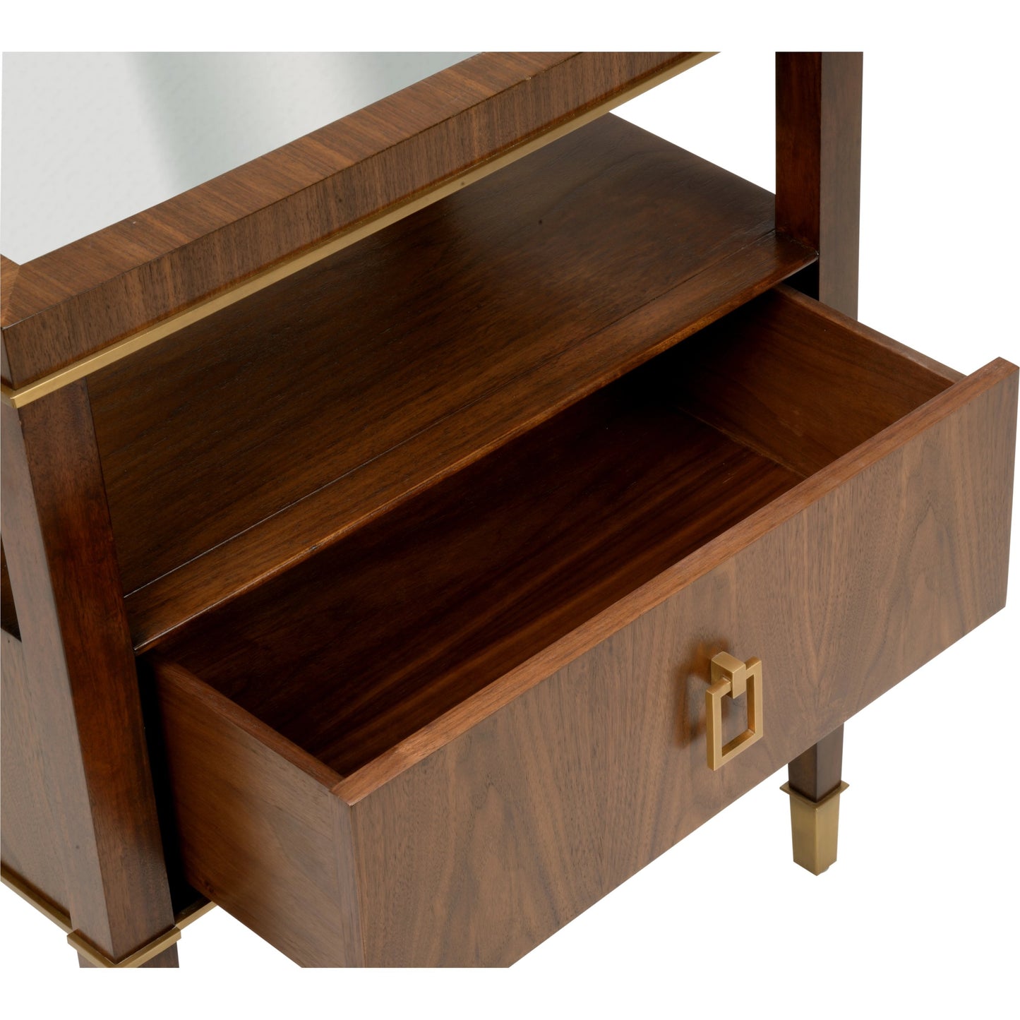 006 SI-2106108 | Closeup | Brady Bedside Table by Wildwood in walnut , antique mirrored glass. Made from unique in a modern style.