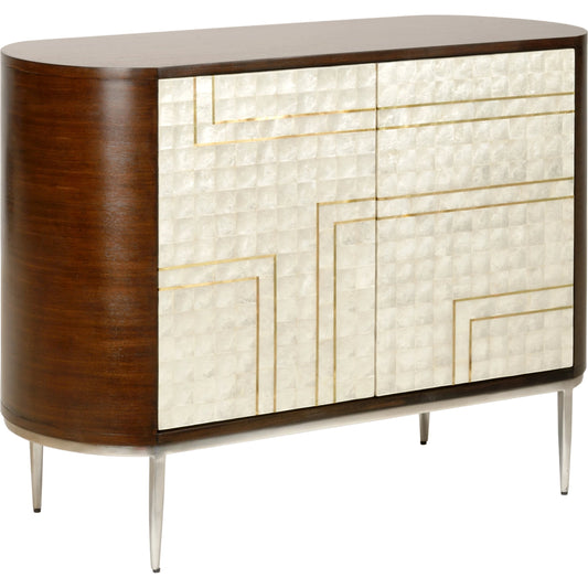 001 SI-2106116 | Primary Silo | Shelldon Bar Cabinet by Wildwood in mohogany, natural, white capiz, antique. Made from wood/shell/brass in a modern style.