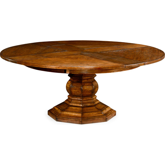 Casual Accents Country Walnut Round Extendable Dining Table 59" by Jonathan Charles in brown and country farmhouse walnut. Made from acacia in a traditional style.