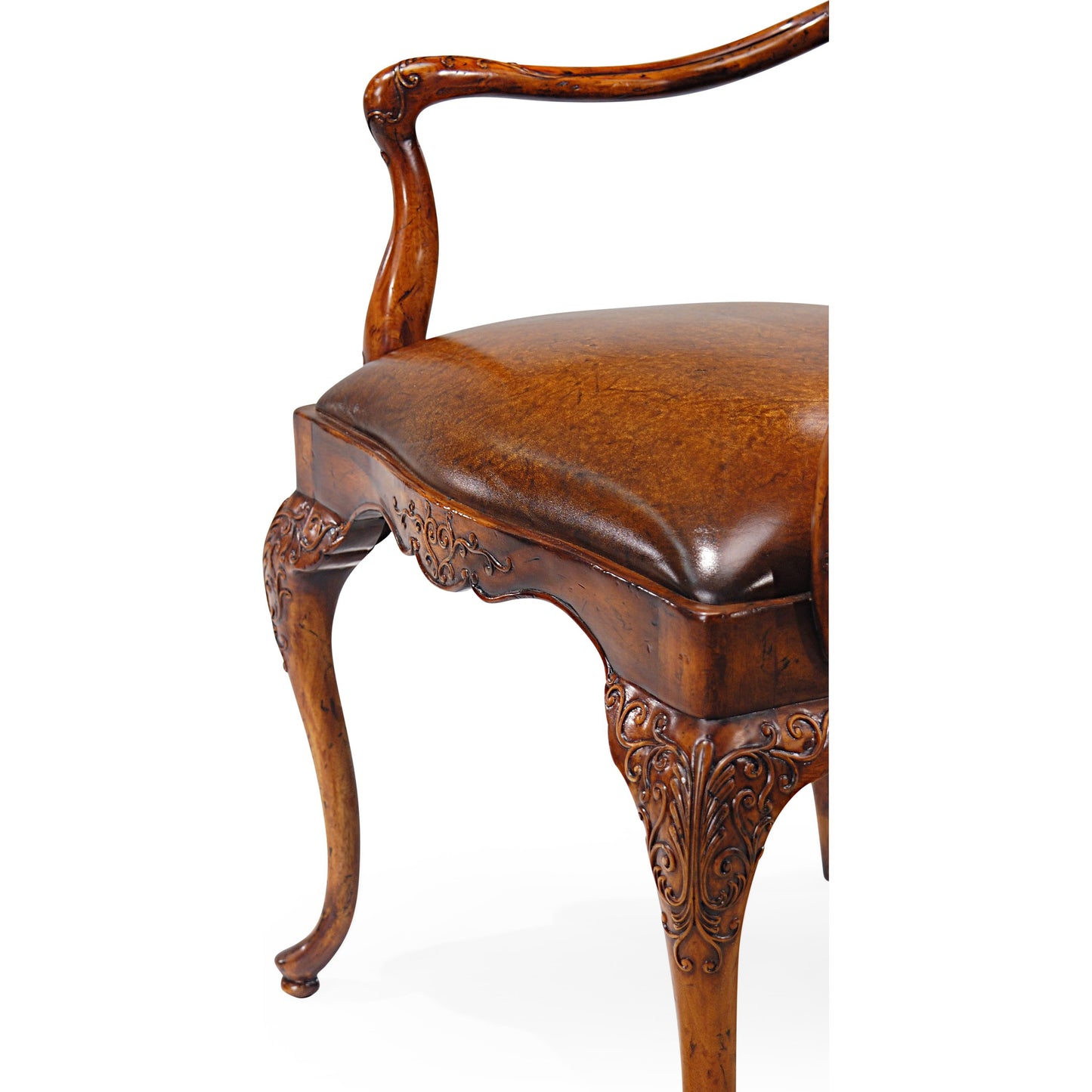 005 SR-847024 | Closeup | La Rochelle Seaweed Marquetry Armchair by Jonathan Charles in medium walnut. Made from acacia in a traditional style.