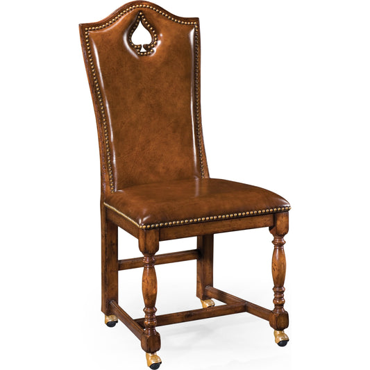 Country Farmhouse High Back Playing Card "Spade" Side Chair by Jonathan Charles in medium walnut. Made from acacia in a traditional style.