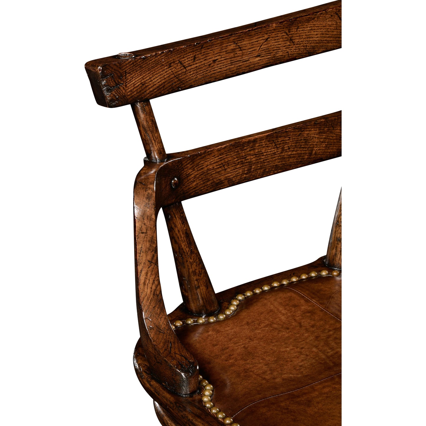 006 SR-847232 | Closeup | Buckingham Oak Studded Leather Barstool by Jonathan Charles in brown and dark brown tudor oak. Made from oak in a rustic style.