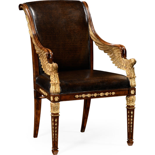 Icarus Empire Angel Armchair, Upholstered by Jonathan Charles in medium walnut. Made from acacia in a eclectic & global style.