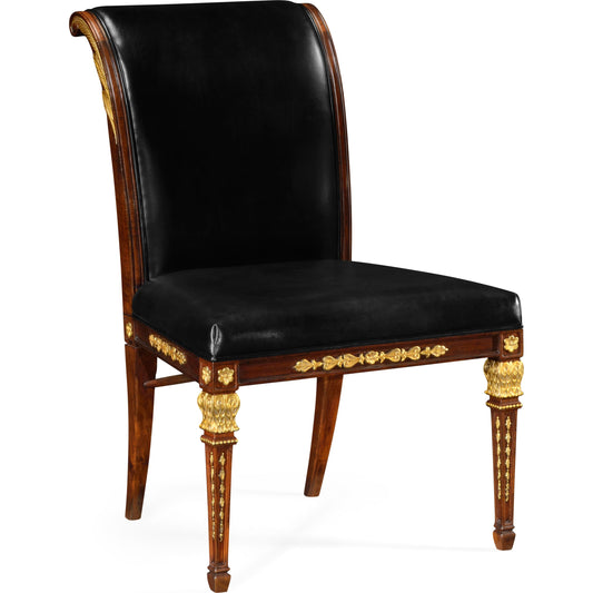 Icarus Empire Angel Wing Side Chair, Upholstered Antique Caviar Black Leather by Jonathan Charles in brown and medium walnut. Made from acacia in a eclectic & global style.