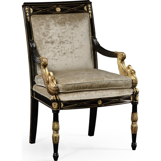 Tribeca Swan Arm Chair by Jonathan Charles in black and painted formal black. Made from acacia in a traditional style.