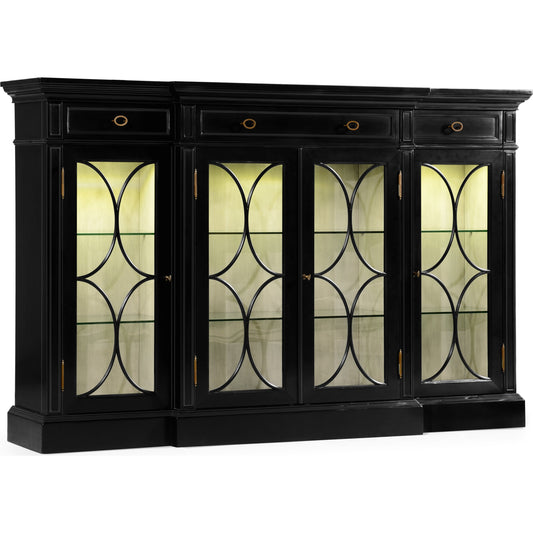 Breakfront Black Display Cabinet by Jonathan Charles in painted formal black. Made from acacia in a traditional style.