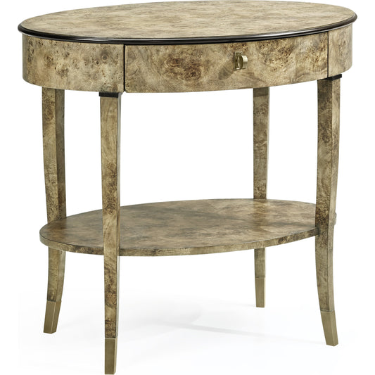 001 SR-846932 | Primary Silo | Hamilton Oval Golden Amber Burr Bedside Table by Jonathan Charles in brown and golden amber burr. Made from burl veneer in a transitional style.