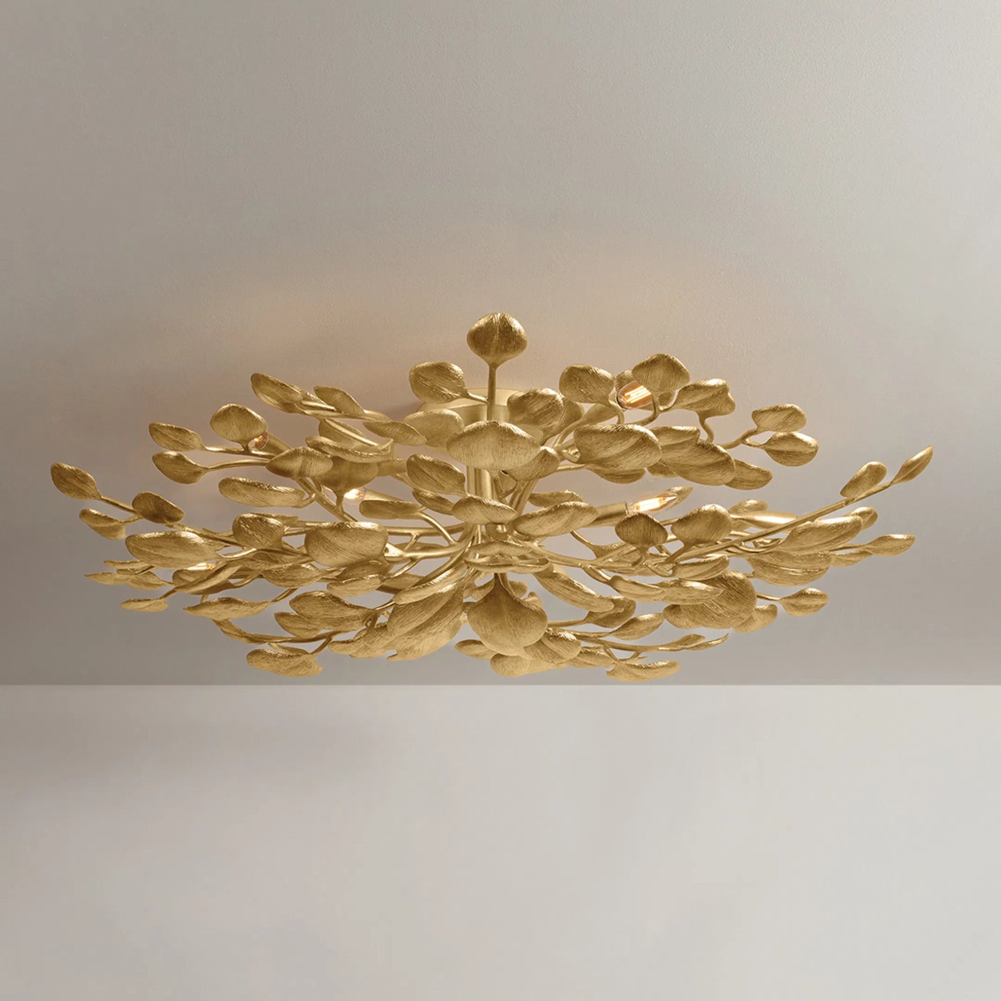 004 SI-2374195 | Additional Silo | Menorca Semi Flush by Corbett in vintage gold leaf. Made from iron in a modern style.