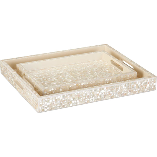 Gerri Dot Mother of Pearl Tray Set by Currey and Company in natural. Made from mother of pearl, wood in a modern style.