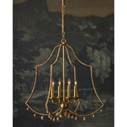 Nimes Chandelier by Currey and Company in natural rope, contemporary gold leaf. Made from lampakanay rope, wrought iron in a rustic style.