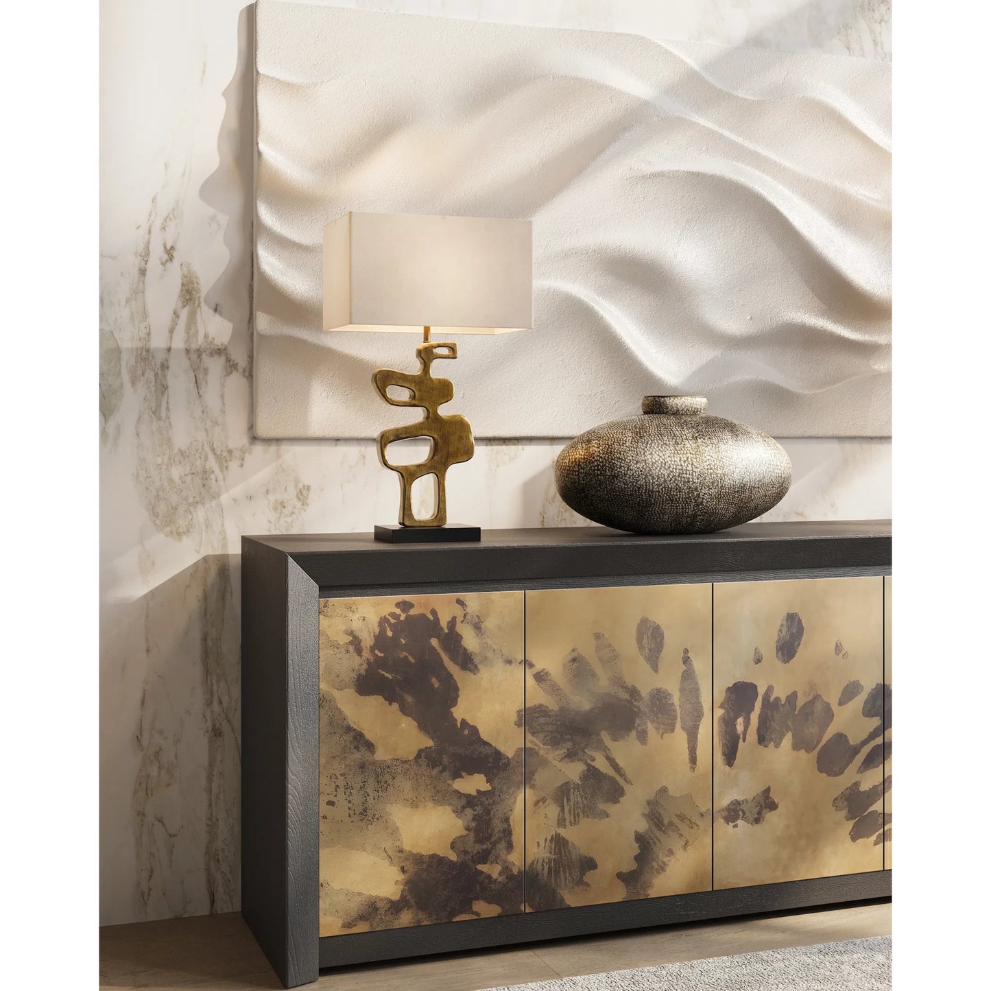 004 SI-2386978 | Lifestyle | Brigadier Vase by Currey and Company in verdigris. Made from cast aluminum in a modern style.