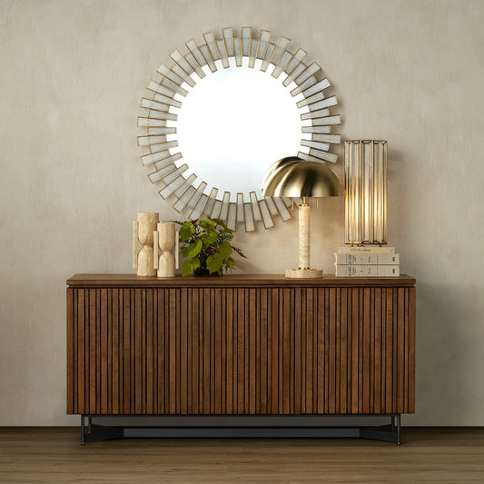 Glasdele Mirror by Currey and Company in antique brass, white, mirror. Made from iron, glass in a modern style.