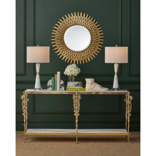 Plume Mirror by Currey and Company in brass. Made from brass, engineered wood, glass in a modern style.
